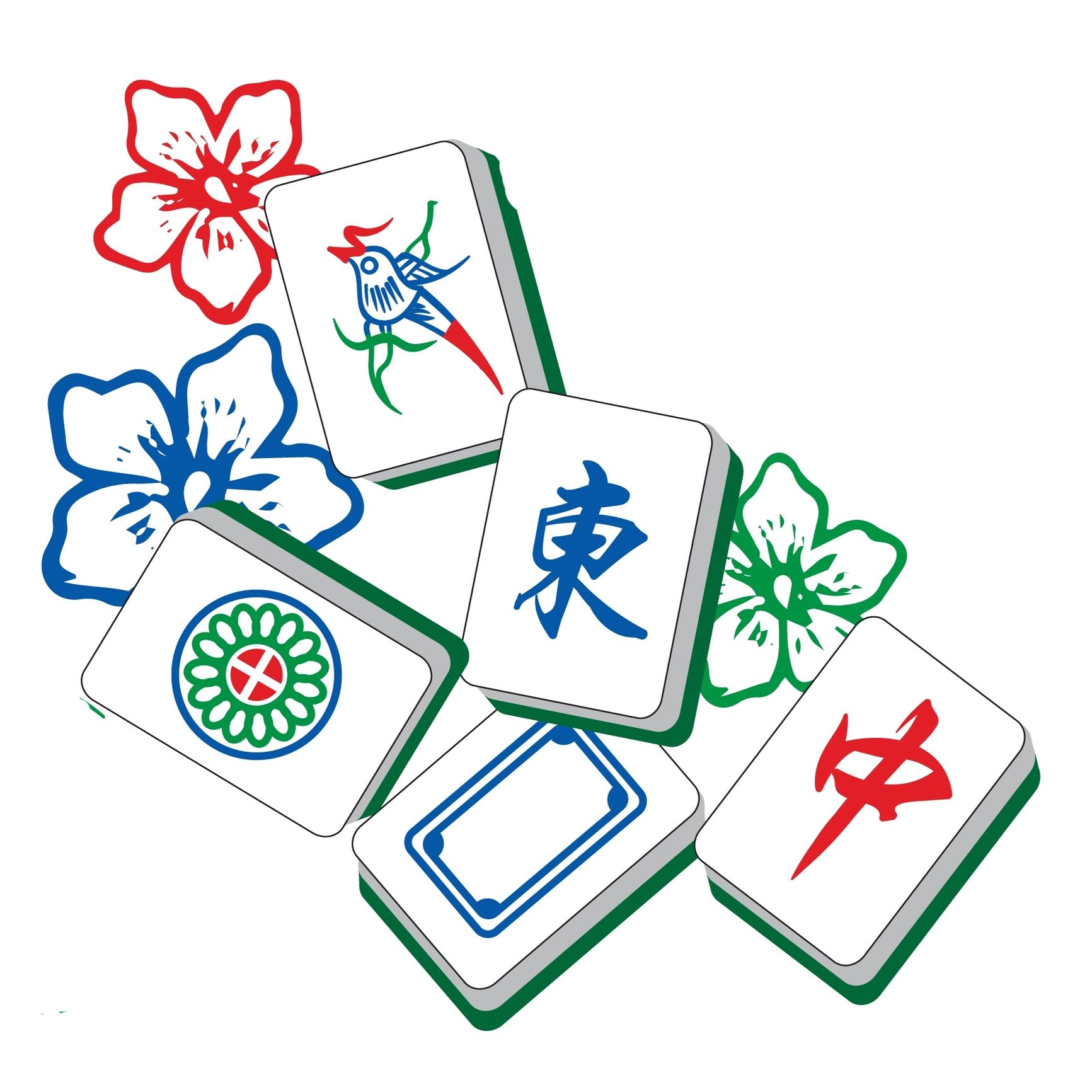 Vector illustration of a Chinese dragon and peacock with Mahjong tiles. English translation for the Chinese characters on the tiles: "東" (East Wind), "南" (South Wind), "西" (West Wind), "北" (North Wind), "中" (Red Dragon), and "發" (Green Dragon).